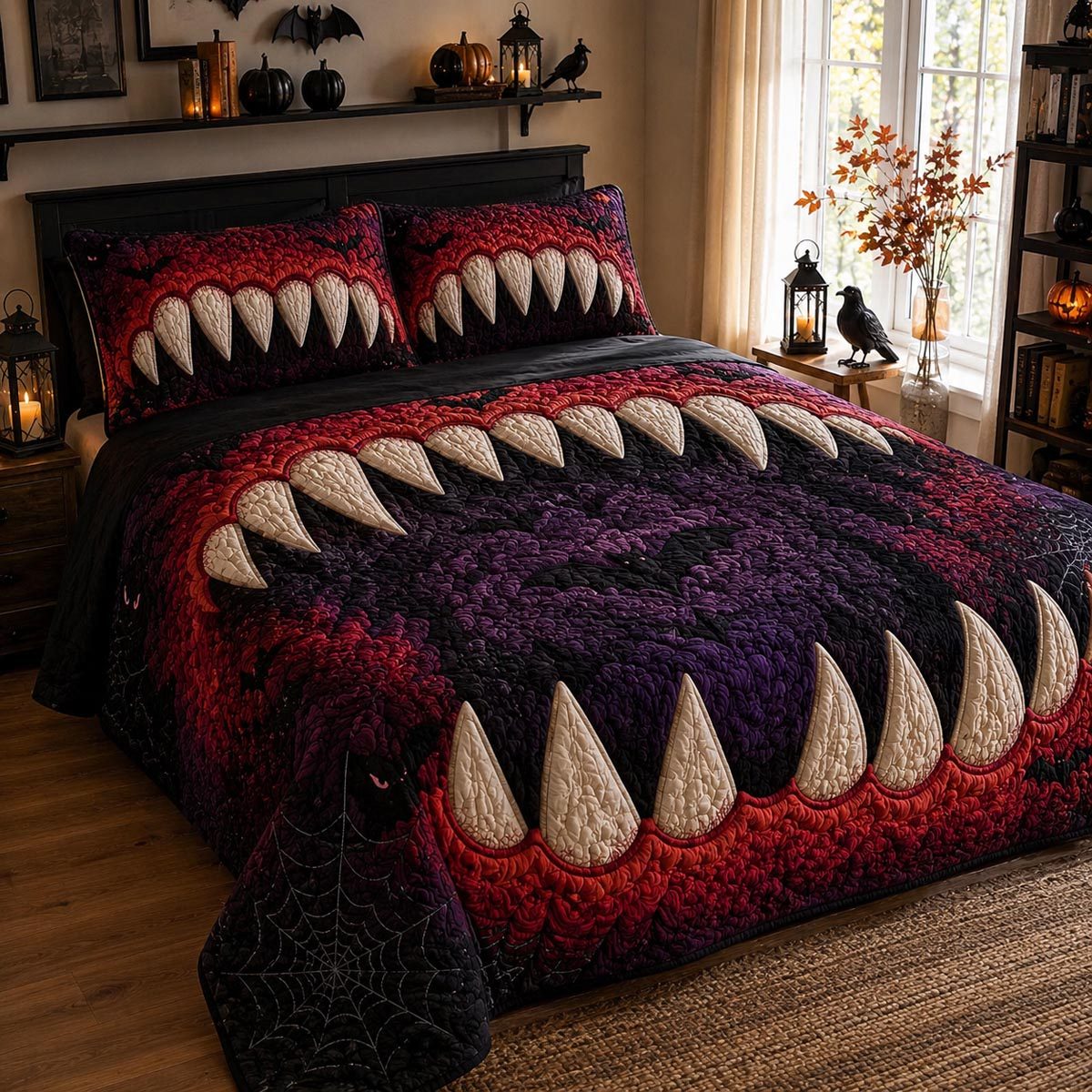 Carnival Nightmare quilted 3-piece bedding set on a made bed with two matching pillow shams