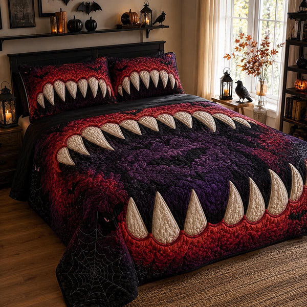 Carnival Nightmare quilted 3-piece bedding set on a made bed with two matching pillow shams