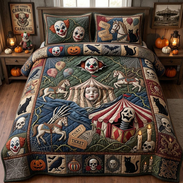 Carnival Of Damned quilted 3-piece bedding set on a made bed with two matching pillow shams
