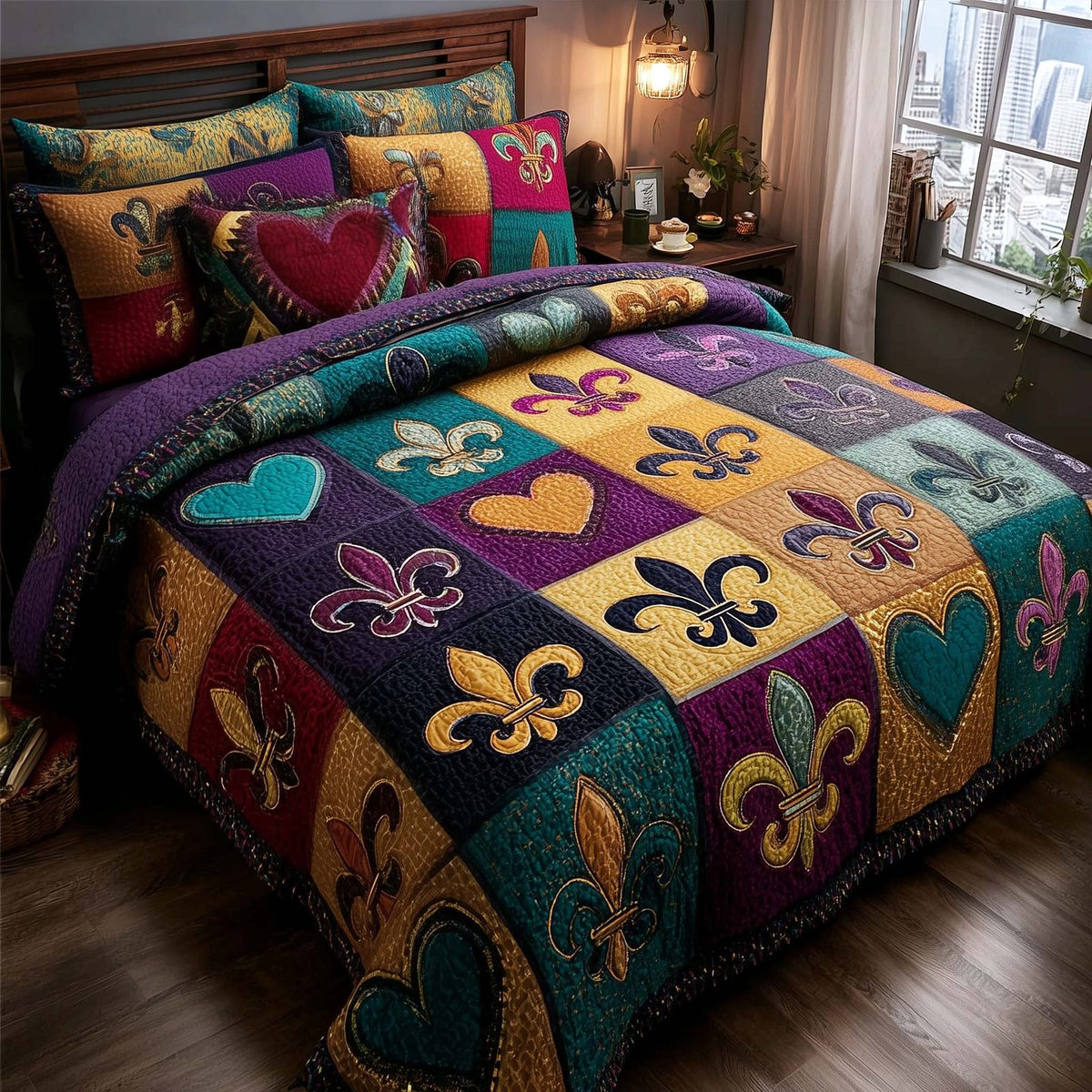 Carnival Royale quilted 3-piece bedding set on a made bed with two matching pillow shams
