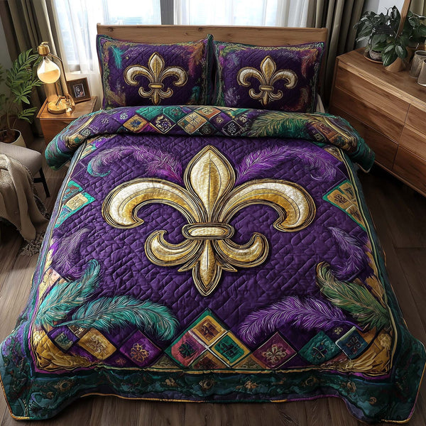 Carnival Royale quilted 3-piece bedding set on a made bed with two matching pillow shams