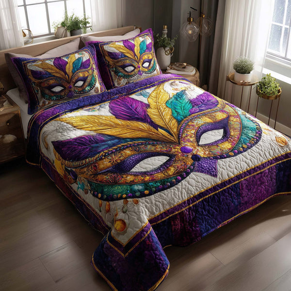 Carnival Royale quilted 3-piece bedding set on a made bed with two matching pillow shams