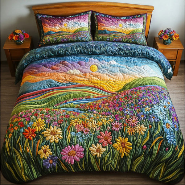 Carousel Garden quilted 3-piece bedding set on a made bed with two matching pillow shams