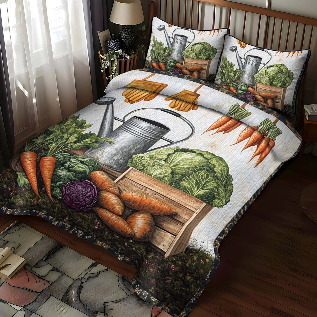 Carrot Patch quilted 3-piece bedding set on a made bed with two matching pillow shams