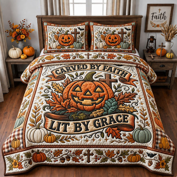 Carved By Faith quilted 3-piece bedding set on a made bed in a softly lit bedroom