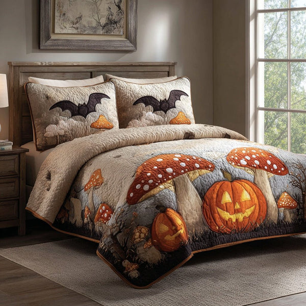 Carved Pumpkins quilted 3-piece bedding set on a made bed against a dark styled interior
