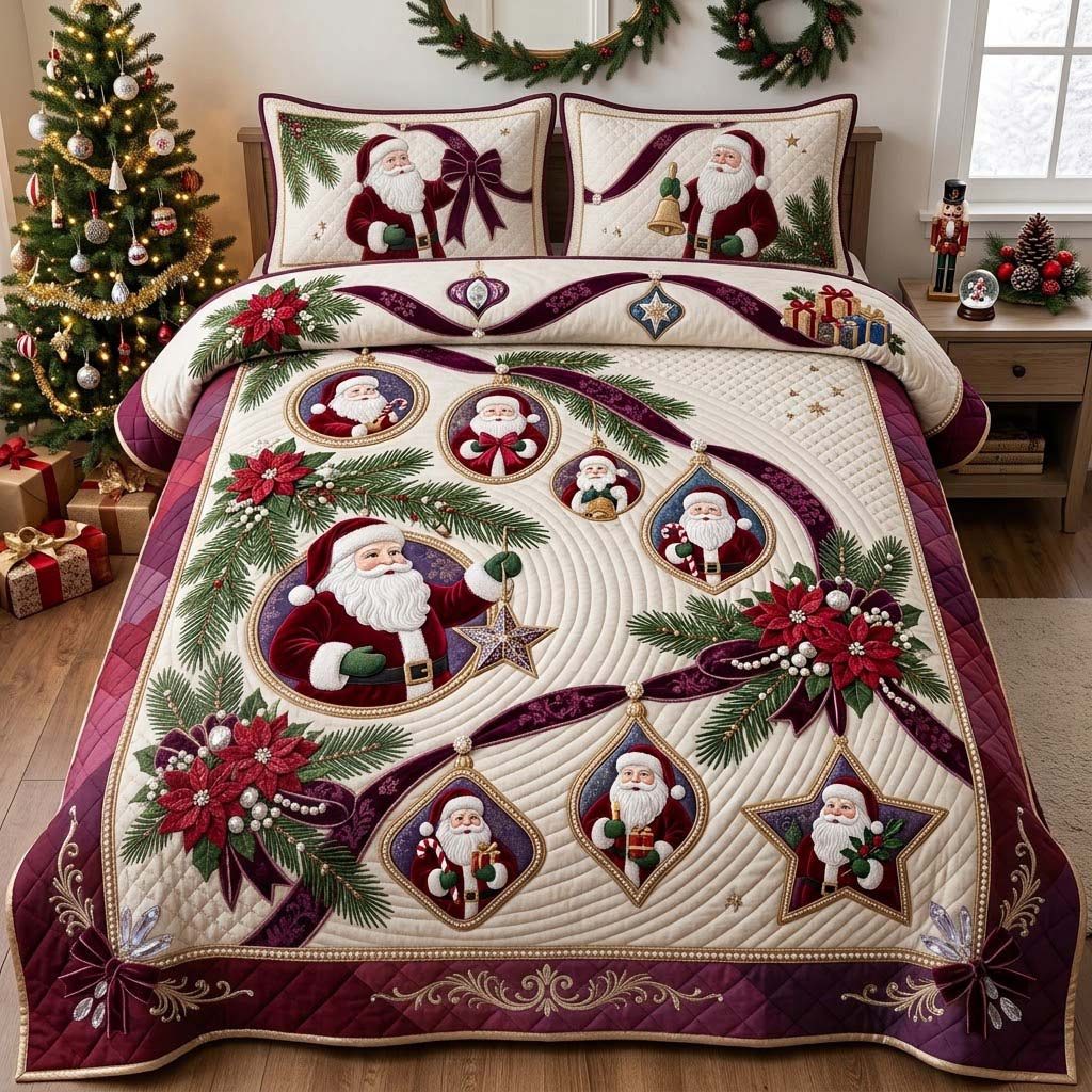 Cascading Santa Jewels quilted 3-piece bedding set on a made bed in a winter-styled bedroom