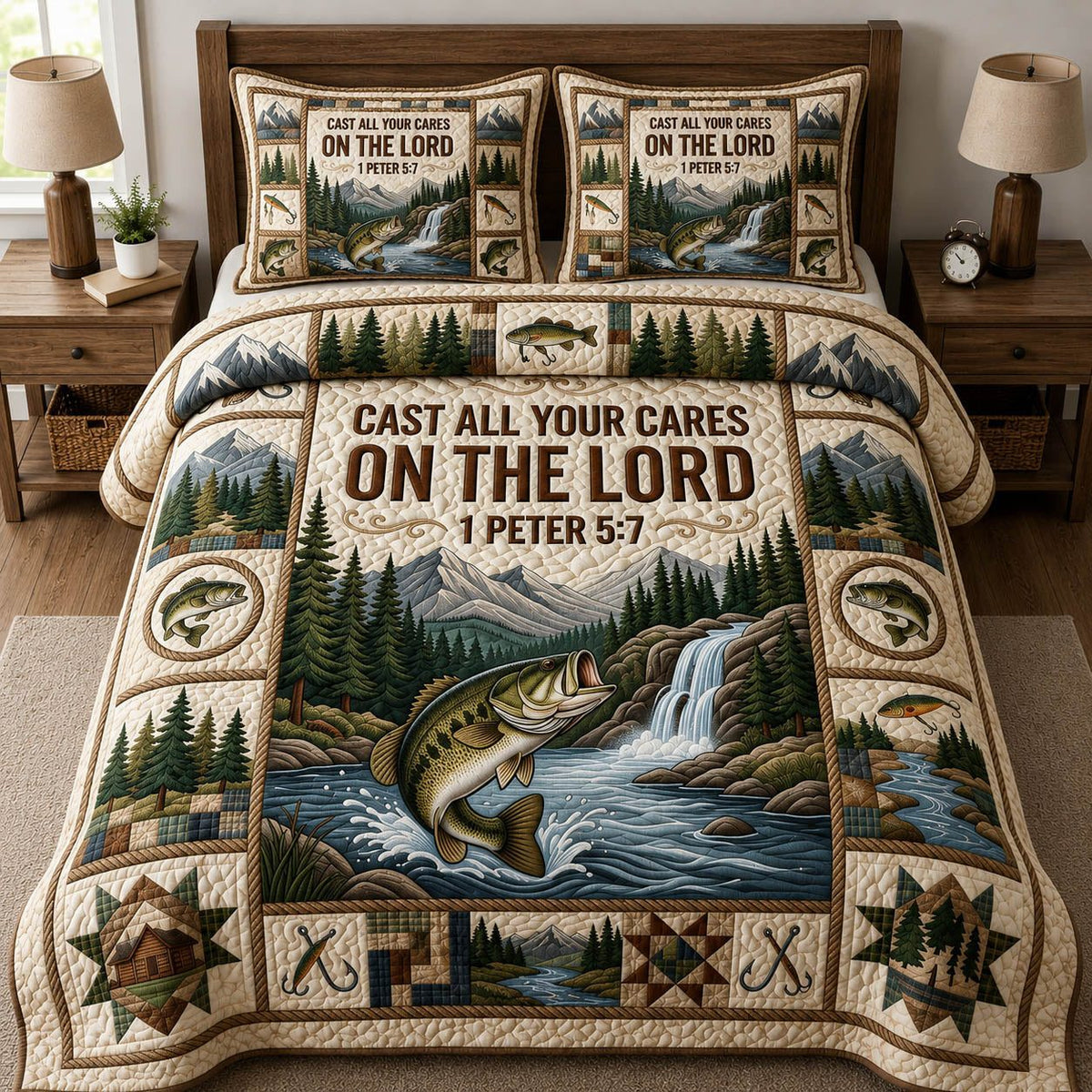 Cast All Your Cares On tThe Lord quilted 3-piece bedding set on a made bed in a softly lit bedroom