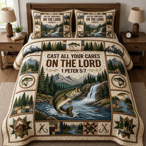 Cast All Your Cares On tThe Lord quilted 3-piece bedding set on a made bed in a softly lit bedroom