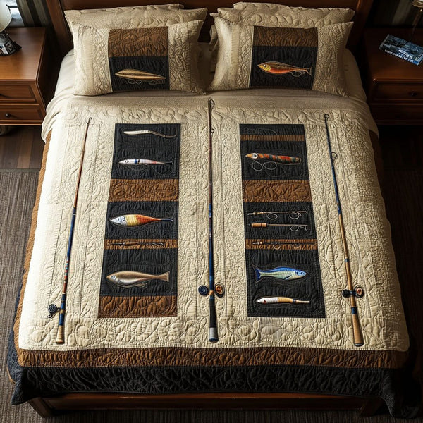 Cast Away Comfort quilted 3-piece bedding set on a made bed with two matching pillow shams