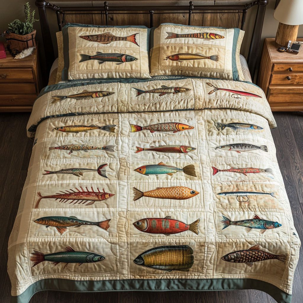 Casting Perfection quilted 3-piece bedding set on a made bed with two matching pillow shams