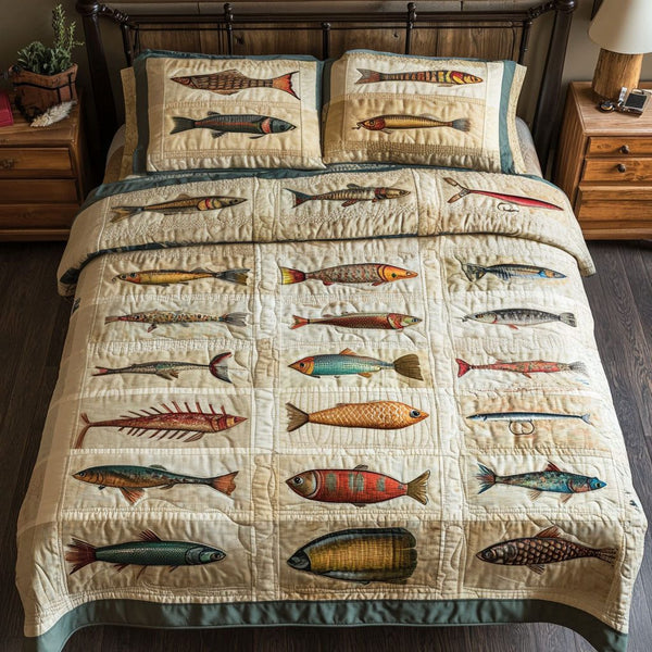Casting Perfection quilted 3-piece bedding set on a made bed with two matching pillow shams