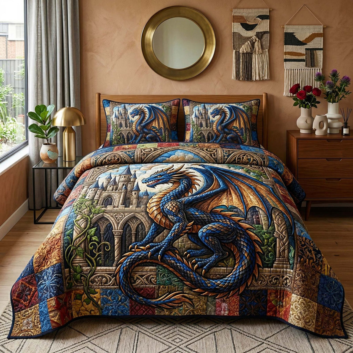 Castle Dragon quilted 3-piece bedding set on a made bed with two matching pillow shams