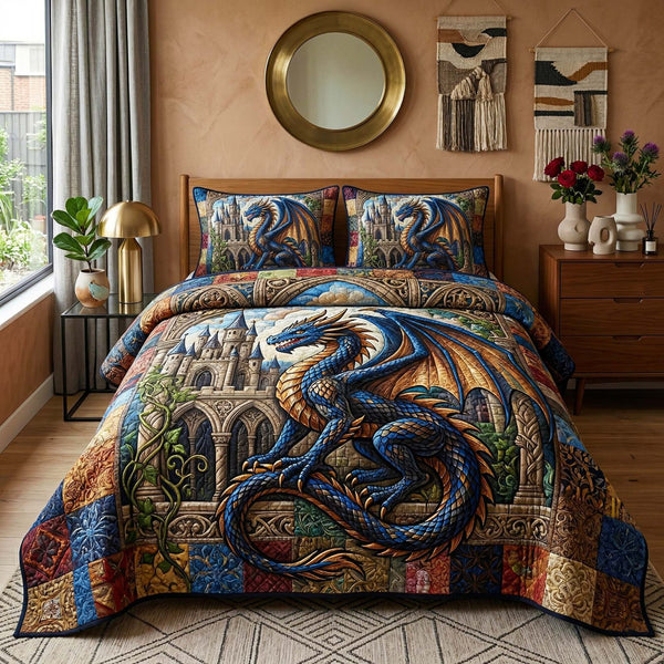 Castle Dragon quilted 3-piece bedding set on a made bed with two matching pillow shams