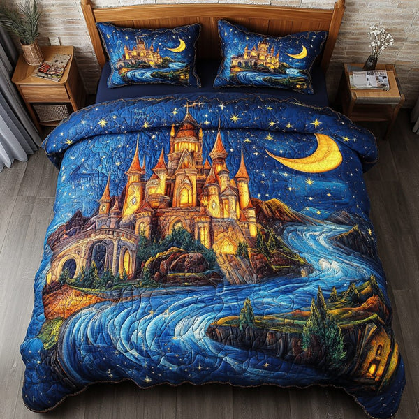 Castle Dream quilted 3-piece bedding set on a made bed with two matching pillow shams