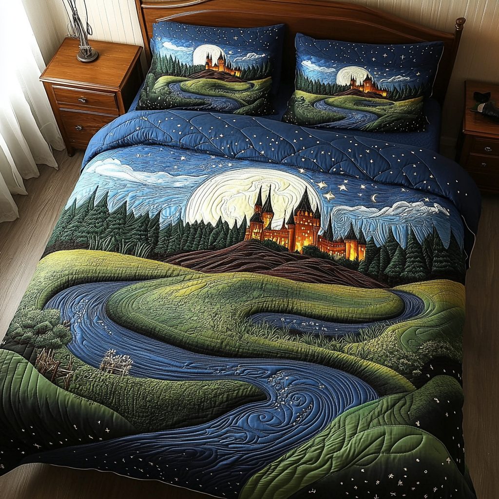 Castle Escape quilted 3-piece bedding set on a made bed with two matching pillow shams