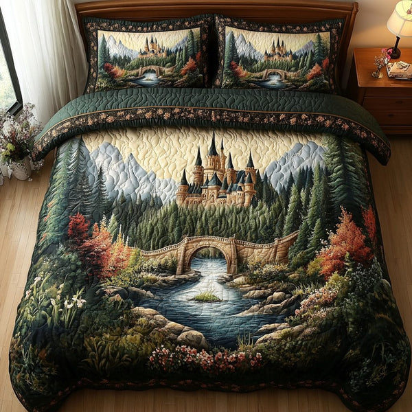 Castle Gate quilted 3-piece bedding set on a made bed with two matching pillow shams