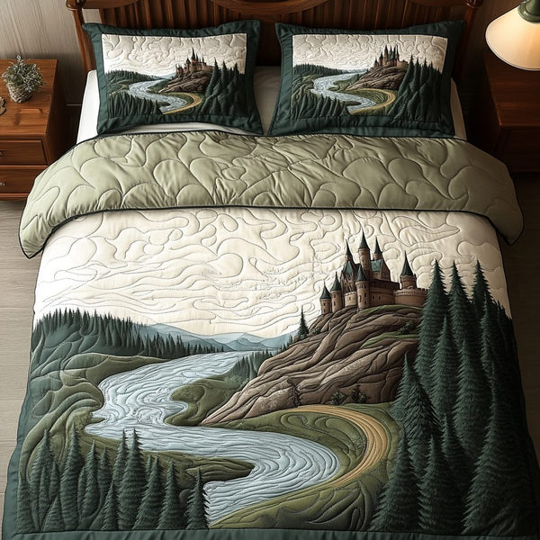 Castle Horizon quilted 3-piece bedding set on a made bed with two matching pillow shams