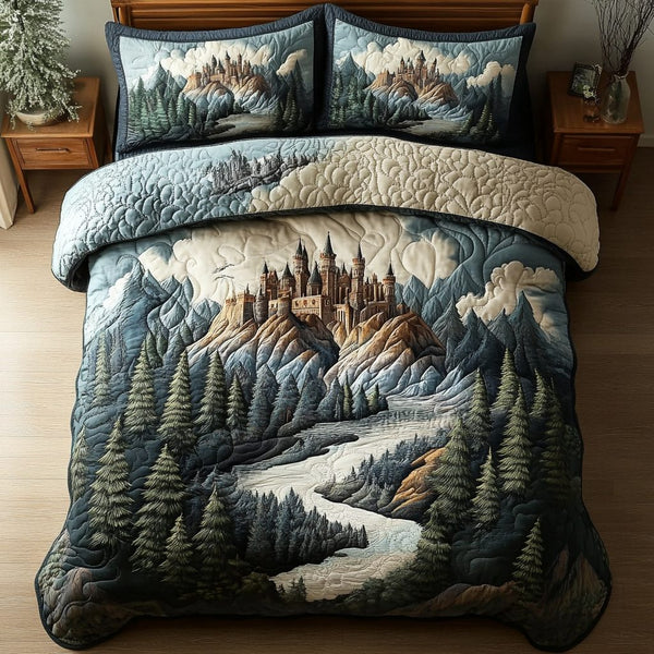 Castle Keep quilted 3-piece bedding set on a made bed with two matching pillow shams