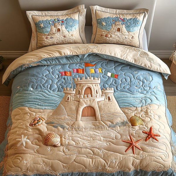Castle Shores quilted 3-piece bedding set on a made bed in a light coastal bedroom