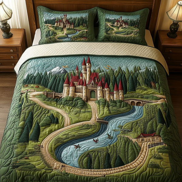 Castle View quilted 3-piece bedding set on a made bed with two matching pillow shams