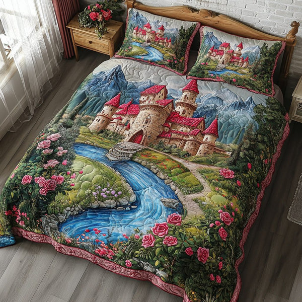 Castle View quilted 3-piece bedding set on a made bed with two matching pillow shams