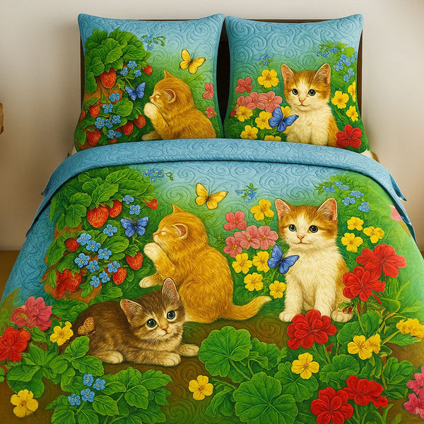 Cat and Flowers quilted 3-piece bedding set on a made bed with two matching pillow shams
