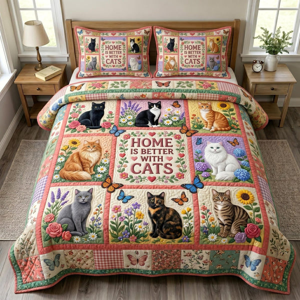 Cat Bliss quilted 3-piece bedding set on a made bed with two matching pillow shams