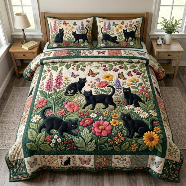 Cat Bliss quilted 3-piece bedding set on a made bed with two matching pillow shams