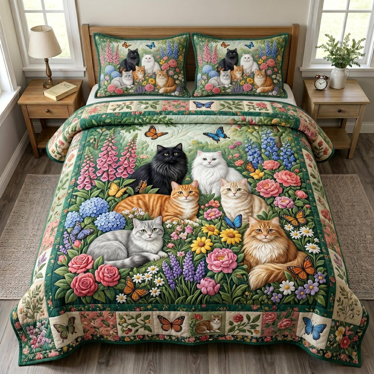 Cat Bliss quilted 3-piece bedding set on a made bed with two matching pillow shams
