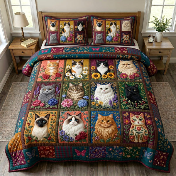 Cat Bliss quilted 3-piece bedding set on a made bed with two matching pillow shams