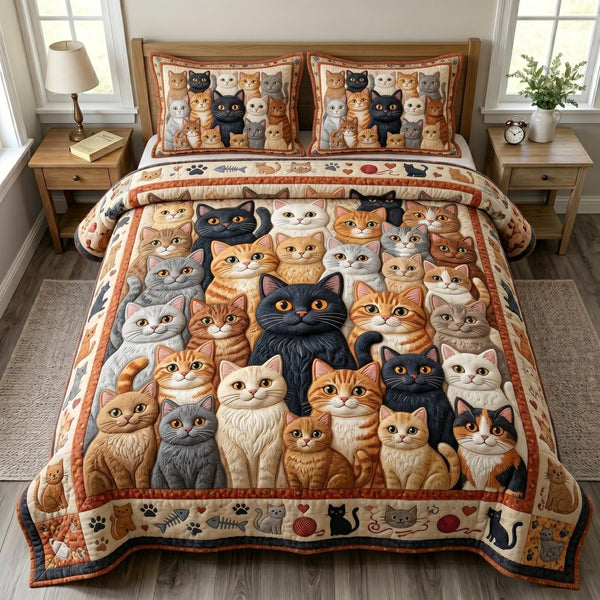 Cat Bliss quilted 3-piece bedding set on a made bed with two matching pillow shams