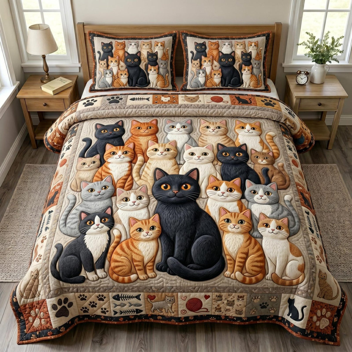 Cat Bliss quilted 3-piece bedding set on a made bed with two matching pillow shams