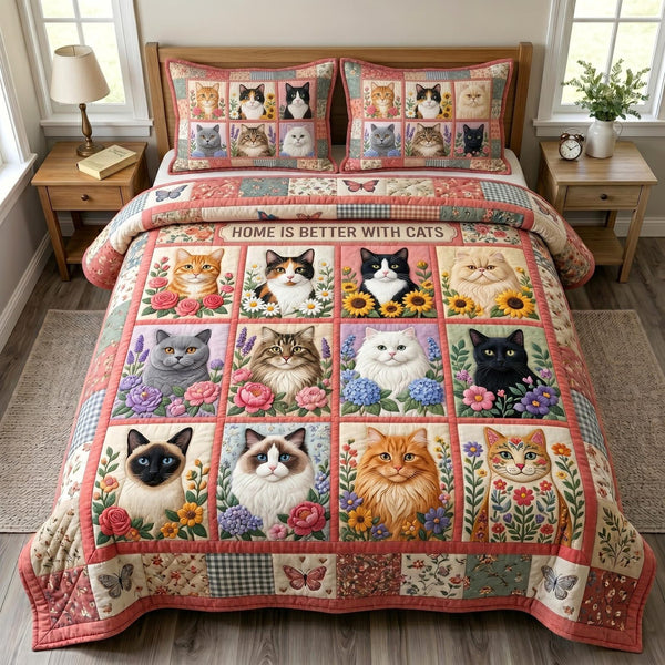 Cat Bliss quilted 3-piece bedding set on a made bed with two matching pillow shams