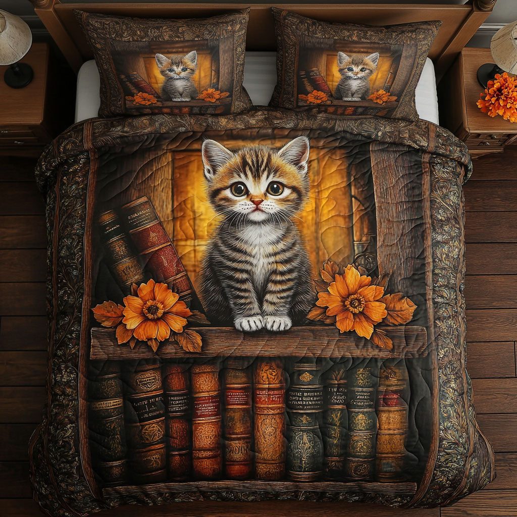 Cat Book Nook quilted 3-piece bedding set on a made bed with two matching pillow shams