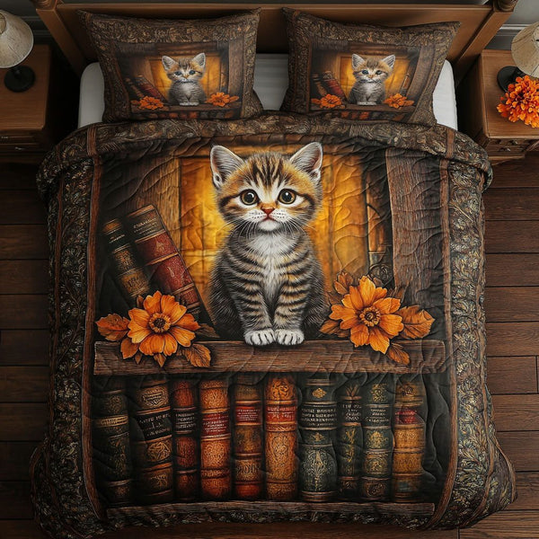 Cat Book Nook quilted 3-piece bedding set on a made bed with two matching pillow shams