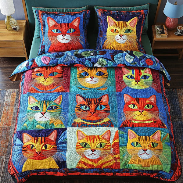 Cat Charm quilted 3-piece bedding set on a made bed with two matching pillow shams