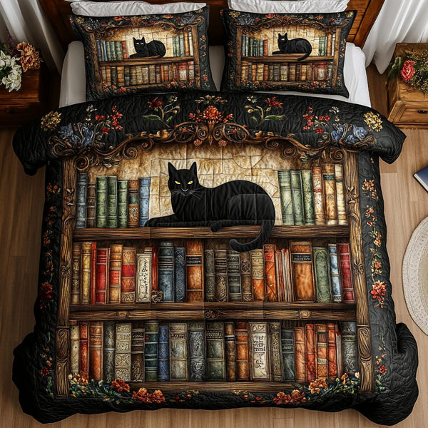 Cat Chronicles quilted 3-piece bedding set on a made bed with two matching pillow shams
