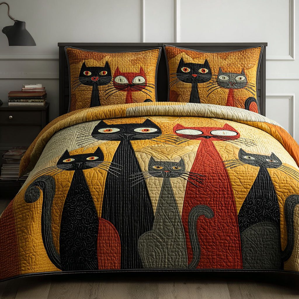 Cat Companions quilted 3-piece bedding set on a made bed with two matching pillow shams