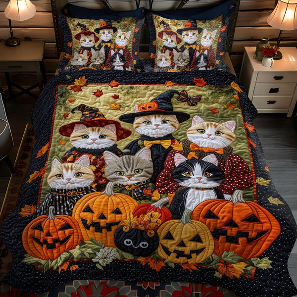 Cat Coven Halloween quilted 3-piece bedding set on a made bed against a dark styled interior