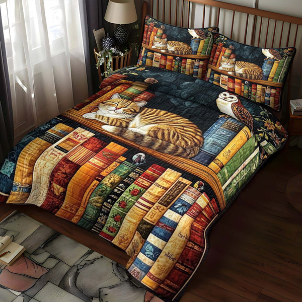 Cat Cozy Nook quilted 3-piece bedding set on a made bed with two matching pillow shams