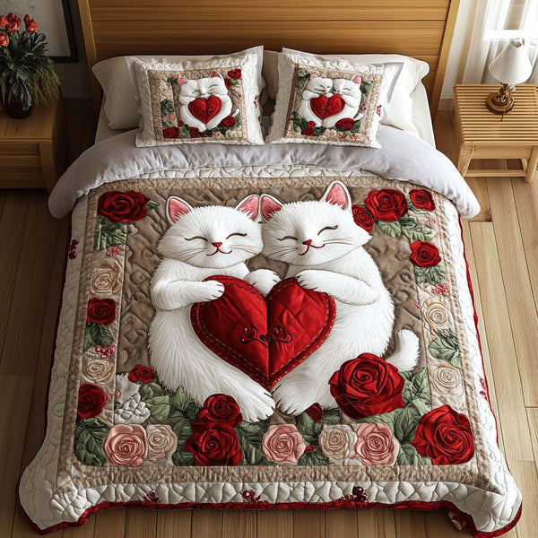 Cat Cuddles quilted 3-piece bedding set on a made bed with two matching pillow shams