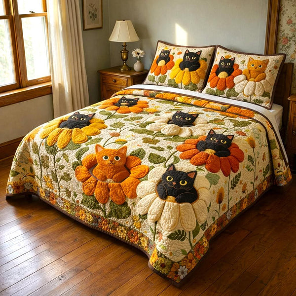 Cat Dreams quilted 3-piece bedding set on a made bed with two matching pillow shams