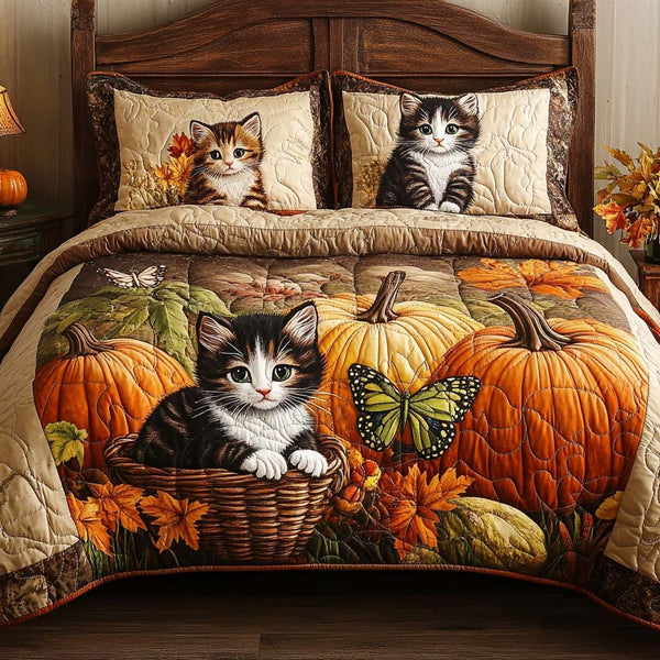 Cat Fall Dreams quilted 3-piece bedding set on a made bed with two matching pillow shams