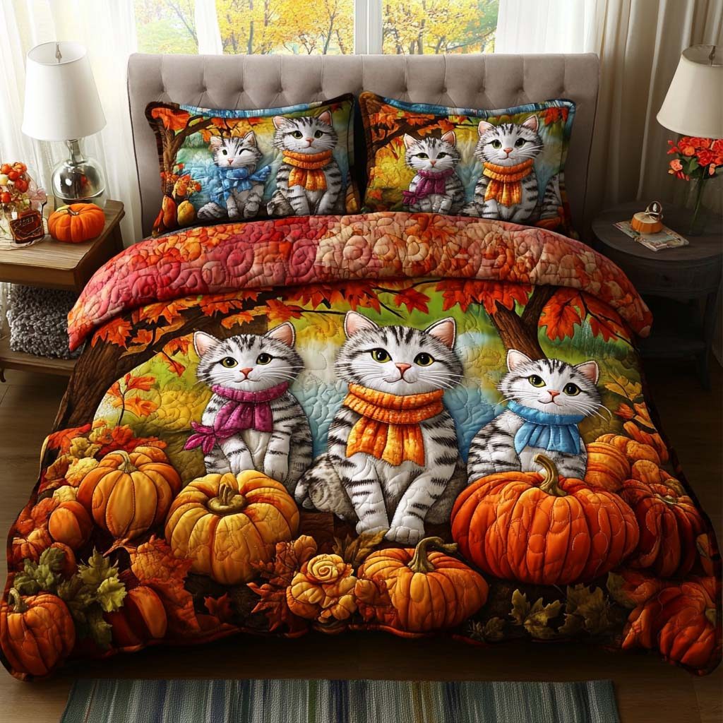 Cat Harvest Time quilted 3-piece bedding set on a made bed with two matching pillow shams