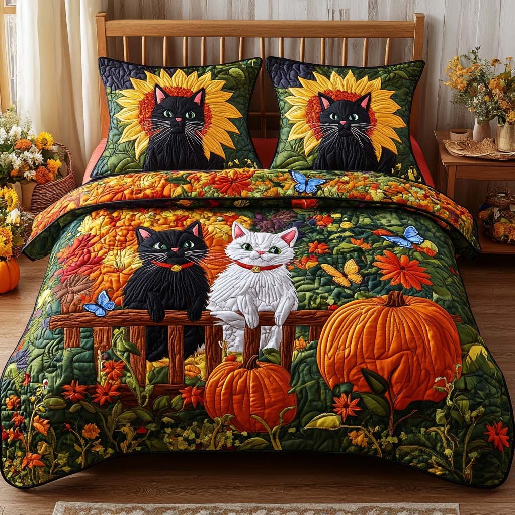 Cat Leaf Whispers quilted 3-piece bedding set on a made bed with two matching pillow shams