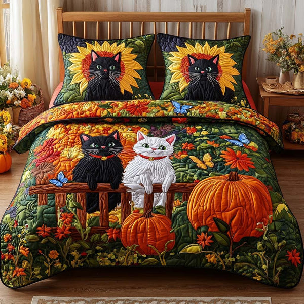Cat Leaf Whispers quilted 3-piece bedding set on a made bed with two matching pillow shams