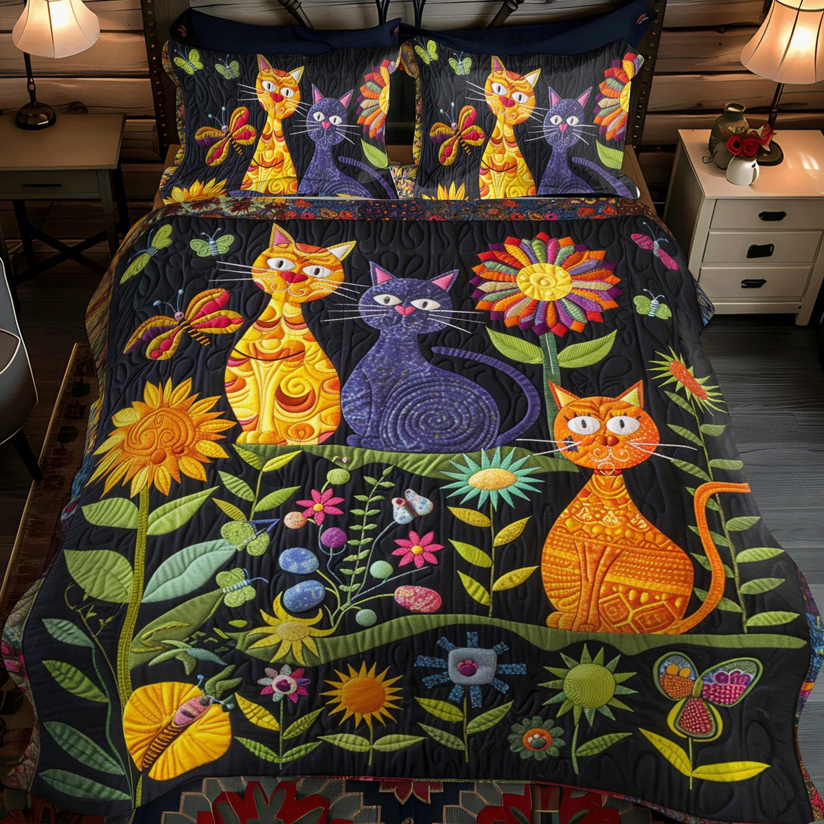 Cat Lover's Dream quilted 3-piece bedding set on a made bed with two matching pillow shams