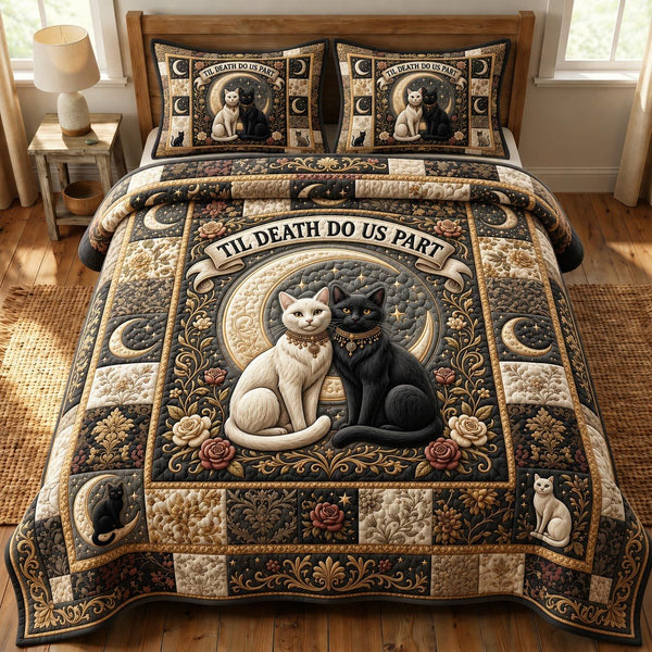 Cat Lovers quilted 3-piece bedding set on a made bed with two matching pillow shams