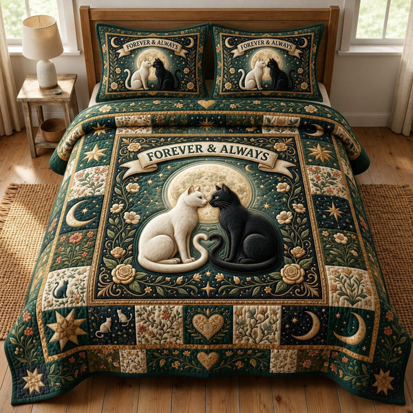 Cat Lovers quilted 3-piece bedding set on a made bed with two matching pillow shams